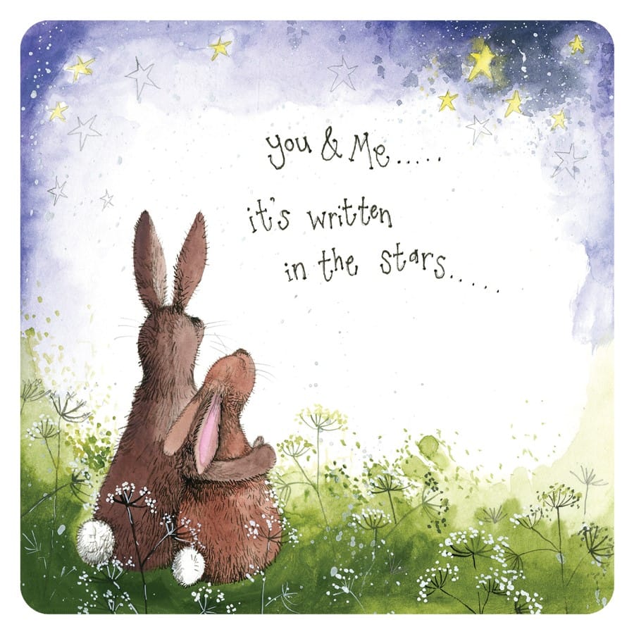 Alex Clark You, Me and The Starlight coaster featuring two rabbits sitting with their arms around each other in a wildflower meadow beneath the stars.