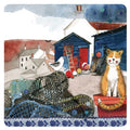 Alex Clark Harbour Cat single coaster with ginger and white cat, fishing nets, lobster pots, seagull and colourful harbour buildings