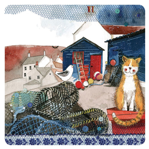 Alex Clark Harbour Cat single coaster with ginger and white cat, fishing nets, lobster pots, seagull and colourful harbour buildings