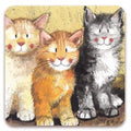 Alex Clark Rodger, Dodger & Tinkerbell Cats single cork-backed coaster featuring three adorable cats sitting together, including two ginger cats and one fluffy black and white cat in a charming watercolour illustration.