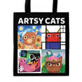 Mudpuppy Artsy Cats reusable recycled shopping bag featuring four colourful cat portraits inspired by Vincent van Gogh, Piet Mondrian, Henri Matisse and Frida Kahlo