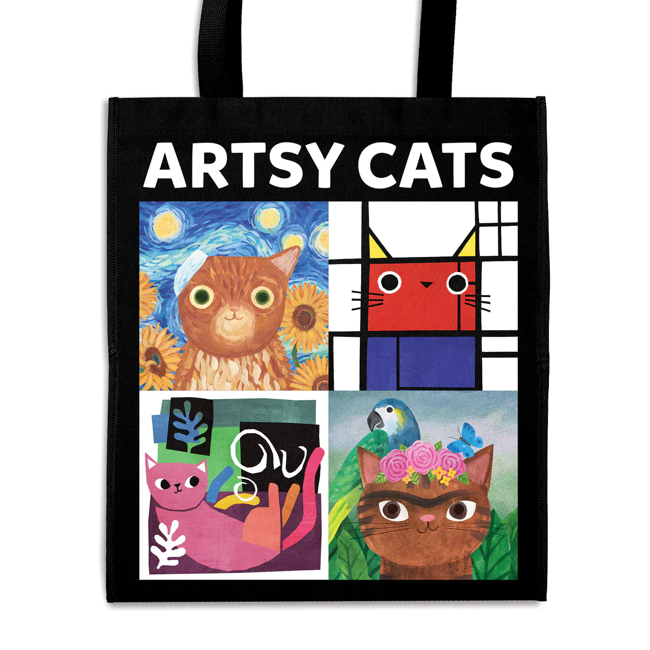 Mudpuppy Artsy Cats reusable recycled shopping bag featuring four colourful cat portraits inspired by Vincent van Gogh, Piet Mondrian, Henri Matisse and Frida Kahlo
