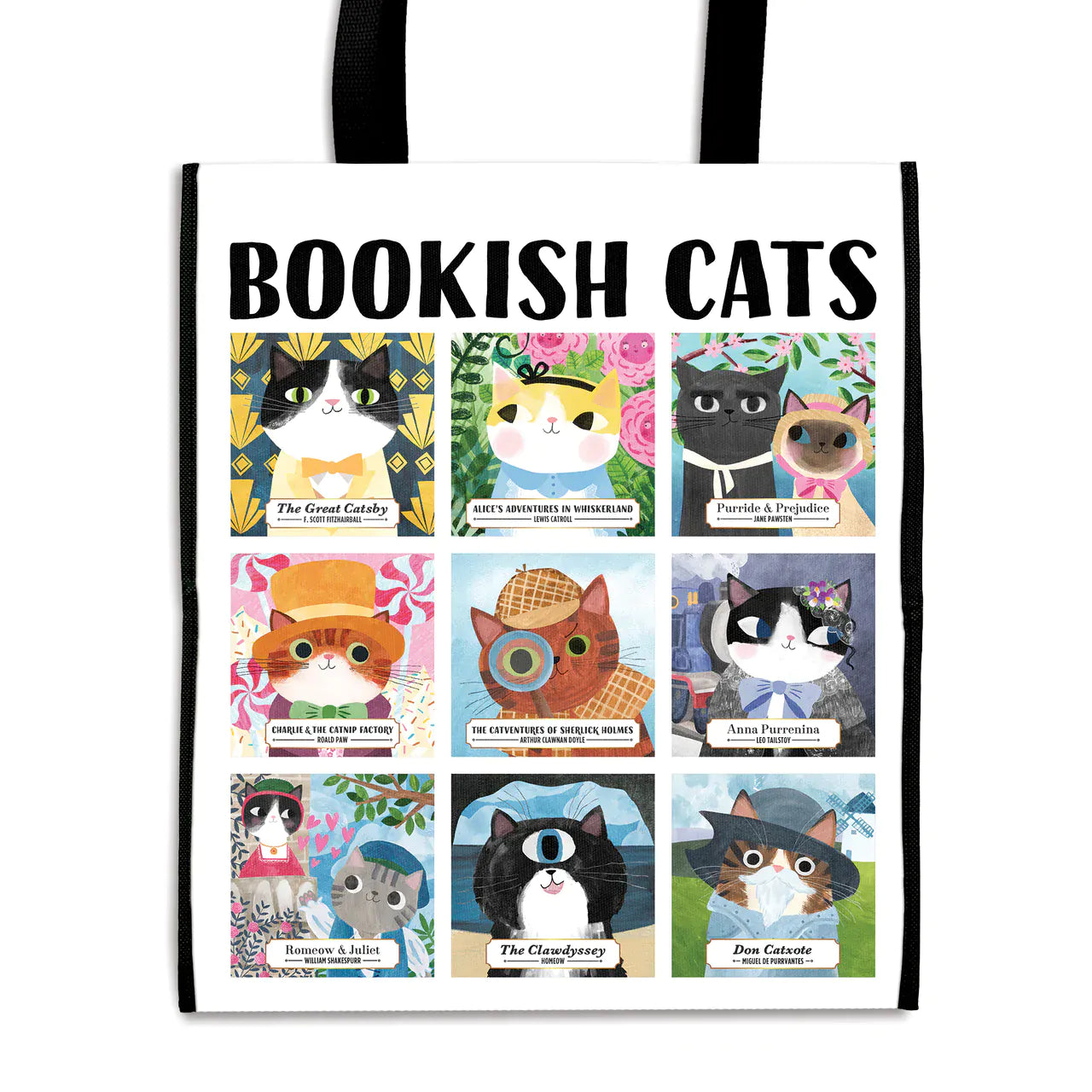 Mudpuppy Bookish Cats reusable recycled shopping bag featuring nine colourful feline parodies of classic books, including The Great Catsby, Romeow & Juliet and Purride & Prejudice