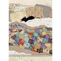 Bug Art Bed Kitty luxury greetings card by Jane Crowther featuring a black cat curled up on a cosy bed beneath a colourful patchwork quilt and patterned cushions