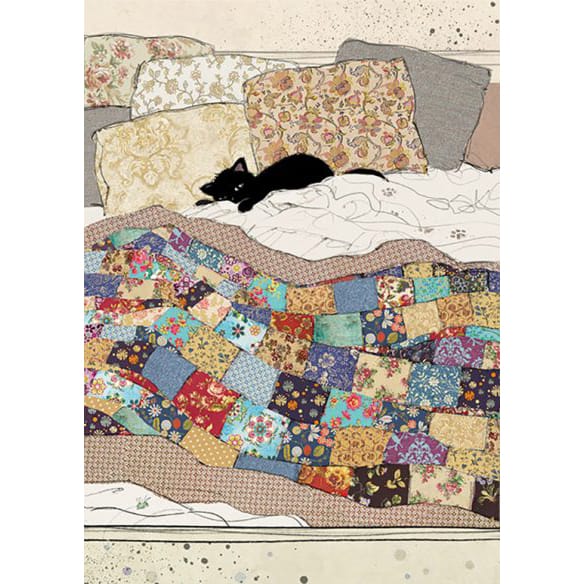 Bug Art Bed Kitty luxury greetings card by Jane Crowther featuring a black cat curled up on a cosy bed beneath a colourful patchwork quilt and patterned cushions