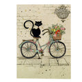 Bug Art Bike Cat luxury greetings card by Jane Crowther featuring an elegant black cat perched on a vintage floral bicycle with a basket overflowing with colourful flowers