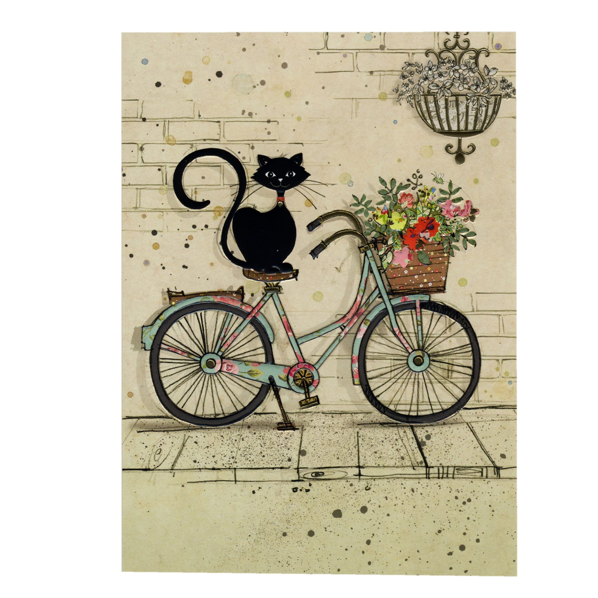 Bug Art Bike Cat luxury greetings card by Jane Crowther featuring an elegant black cat perched on a vintage floral bicycle with a basket overflowing with colourful flowers