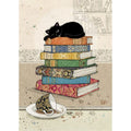 Bug Art Books Kitty luxury greetings card by Jane Crowther featuring a black cat lounging on a colourful stack of ornate books beside an overturned patterned cup