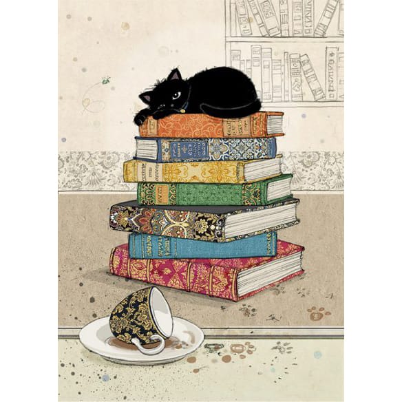 Bug Art Books Kitty luxury greetings card by Jane Crowther featuring a black cat lounging on a colourful stack of ornate books beside an overturned patterned cup