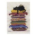 Bug Art Cat Cushions luxury greetings card by Jane Crowther featuring a black cat lounging on a tall stack of colourful floral cushions with a tiny mouse perched on her back