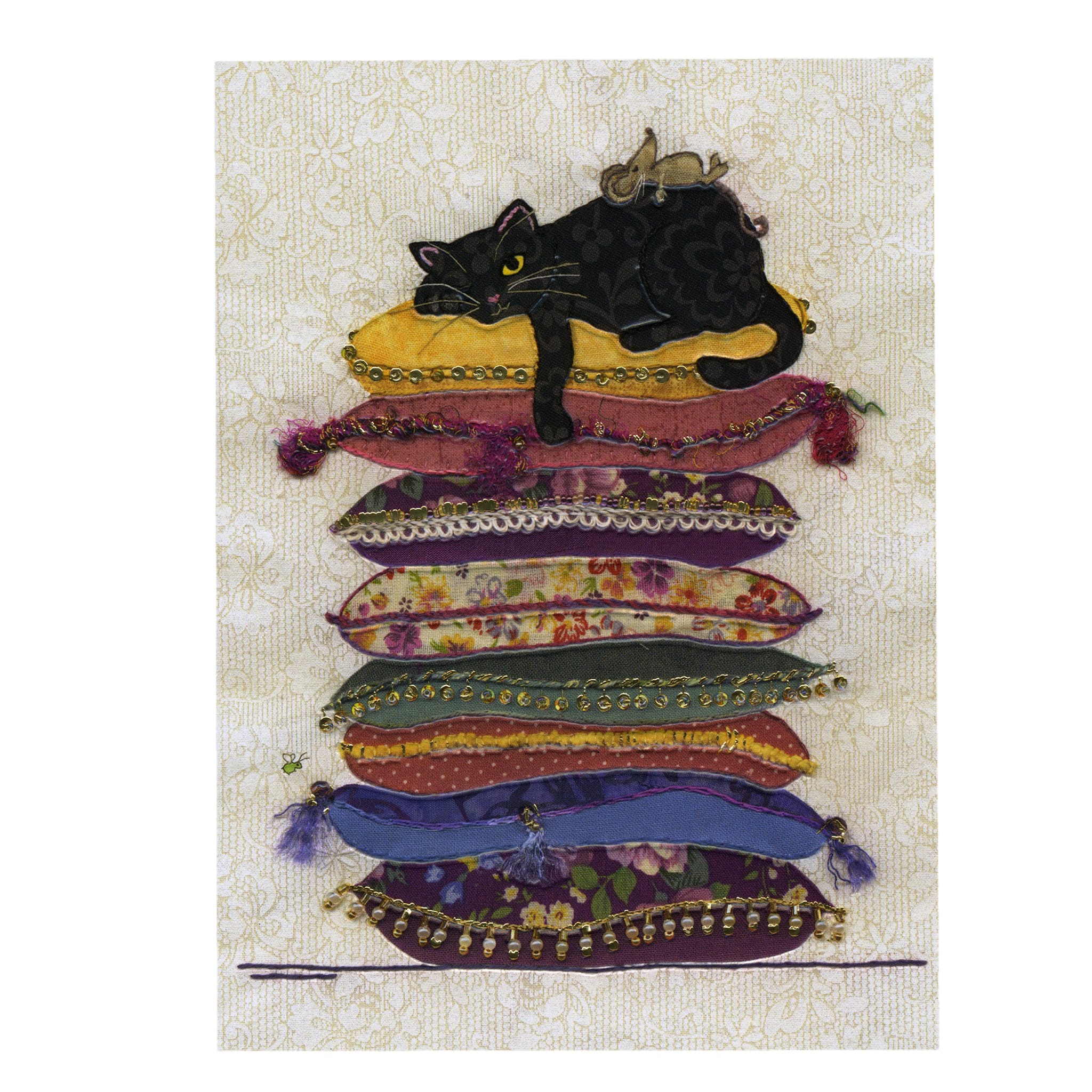 Bug Art Cat Cushions luxury greetings card by Jane Crowther featuring a black cat lounging on a tall stack of colourful floral cushions with a tiny mouse perched on her back