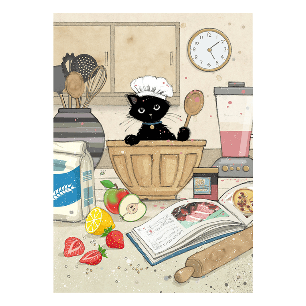 Bug Art Chef Kitty luxury greetings card by Jane Crowther featuring a black cat in a chef’s hat sitting in a mixing bowl surrounded by baking ingredients and kitchen utensils