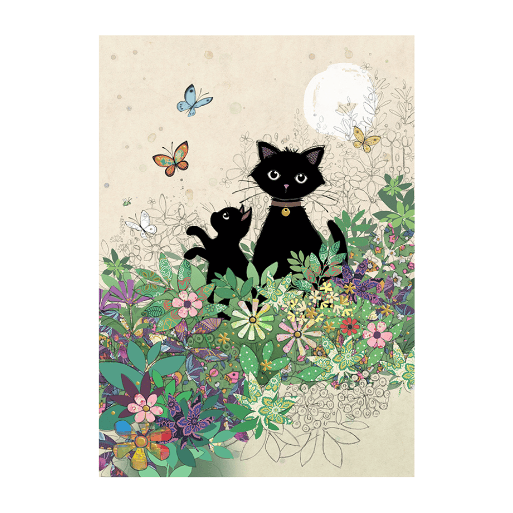 Bug Art Garden Kitties luxury greetings card by Jane Crowther featuring a black cat and playful kitten amongst colourful patterned flowers and butterflies