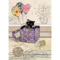 Bug Art Gift Kitty luxury greetings card by Jane Crowther featuring a black cat hiding inside a colourful floral gift box with patterned birthday balloons and ribbons