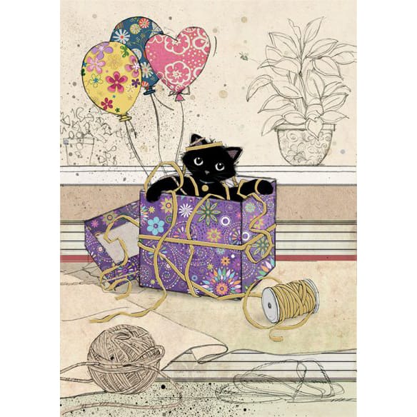 Bug Art Gift Kitty luxury greetings card by Jane Crowther featuring a black cat hiding inside a colourful floral gift box with patterned birthday balloons and ribbons