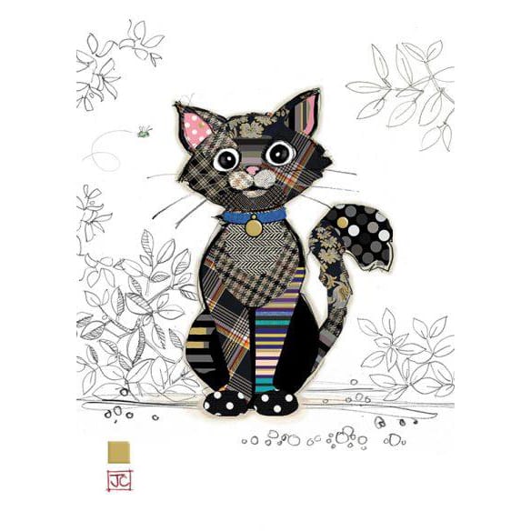 Bug Art Kasper Kitten luxury greetings card by Jane Crowther featuring a wide-eyed patchwork cat with tartan, striped, floral and spotted patterns