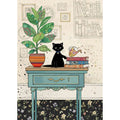 Bug Art Table Kitty luxury greetings card by Jane Crowther featuring a black cat on a vintage table beside colourful books, patterned houseplant and toppled cup