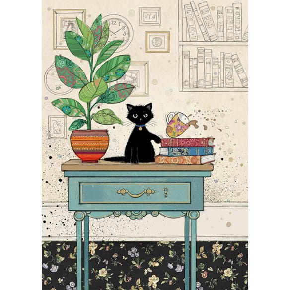 Bug Art Table Kitty luxury greetings card by Jane Crowther featuring a black cat on a vintage table beside colourful books, patterned houseplant and toppled cup