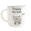 Crazy Cat Lady mug featuring cute illustrated grey tabby cat, pale blue trim and paw prints, a fun gift for cat lovers.