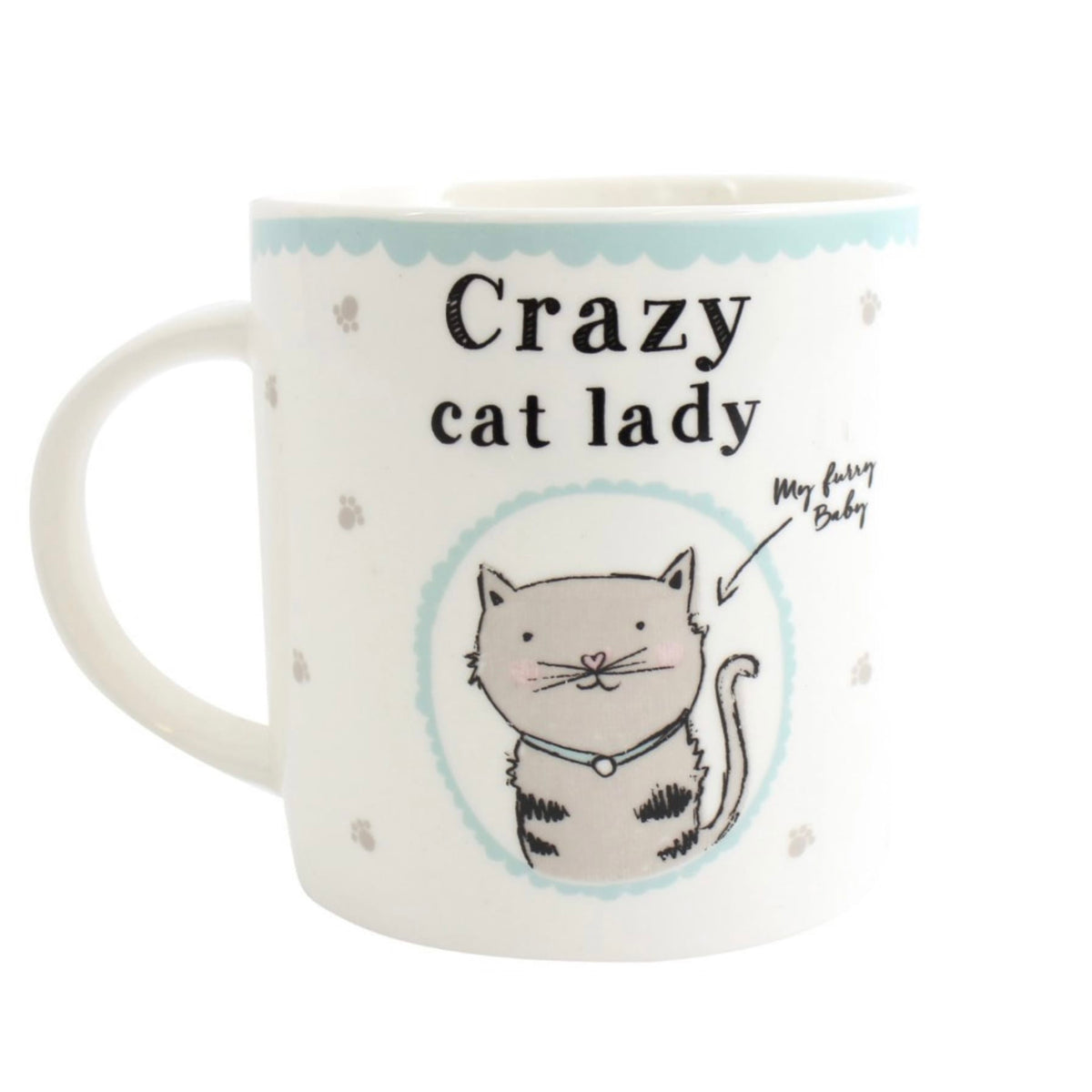 Crazy Cat Lady mug featuring cute illustrated grey tabby cat, pale blue trim and paw prints, a fun gift for cat lovers.