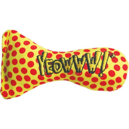 Yellow Yeowww! Stinky Sardine catnip toy with red spot design