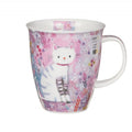 Dunoon Tiddles Nevis 480ml Fine Bone China cat mug by Clare Tupper featuring a white tabby cat surrounded by a pretty pink floral meadow