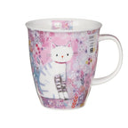 Dunoon Tiddles Nevis 480ml Fine Bone China cat mug by Clare Tupper featuring a white tabby cat surrounded by a pretty pink floral meadow