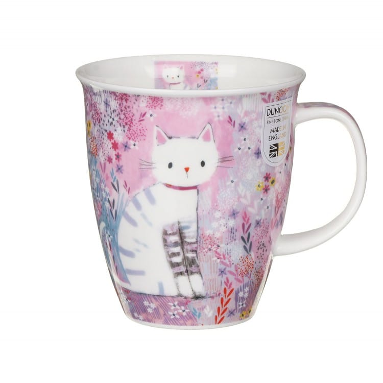 Dunoon Tiddles Nevis 480ml Fine Bone China cat mug by Clare Tupper featuring a white tabby cat surrounded by a pretty pink floral meadow