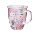 Side view of Dunoon Tiddles Nevis 480ml Fine Bone China cat mug by Clare Tupper featuring a white tabby cat surrounded by a pretty pink floral meadow