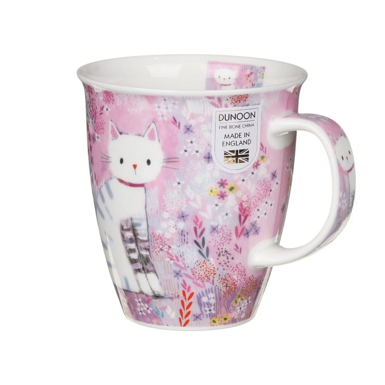 Side view of Dunoon Tiddles Nevis 480ml Fine Bone China cat mug by Clare Tupper featuring a white tabby cat surrounded by a pretty pink floral meadow