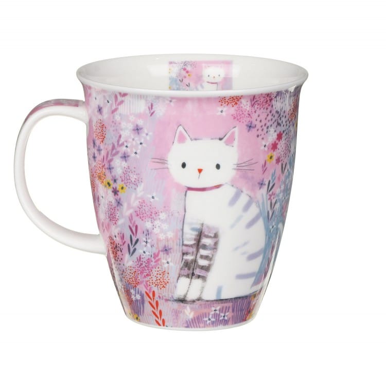 Dunoon Tiddles large 480ml Fine Bone China mug showing the white tabby cat design repeated on the reverse with matching inside rim detail