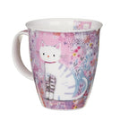 Reverse side view of Dunoon Tiddles Nevis Fine Bone China cat mug showing the colourful pink floral meadow design and decorative tabby cat tails