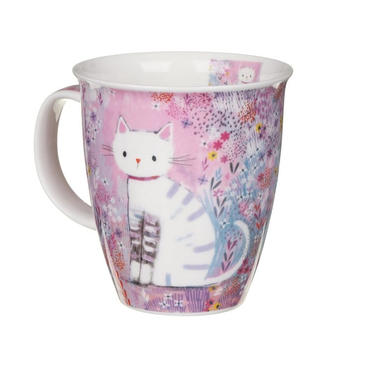 Reverse side view of Dunoon Tiddles Nevis Fine Bone China cat mug showing the colourful pink floral meadow design and decorative tabby cat tails