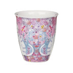 Reverse of Dunoon Tiddles Nevis Fine Bone China cat mug showing the colourful pink floral meadow design and decorative tabby cat tails