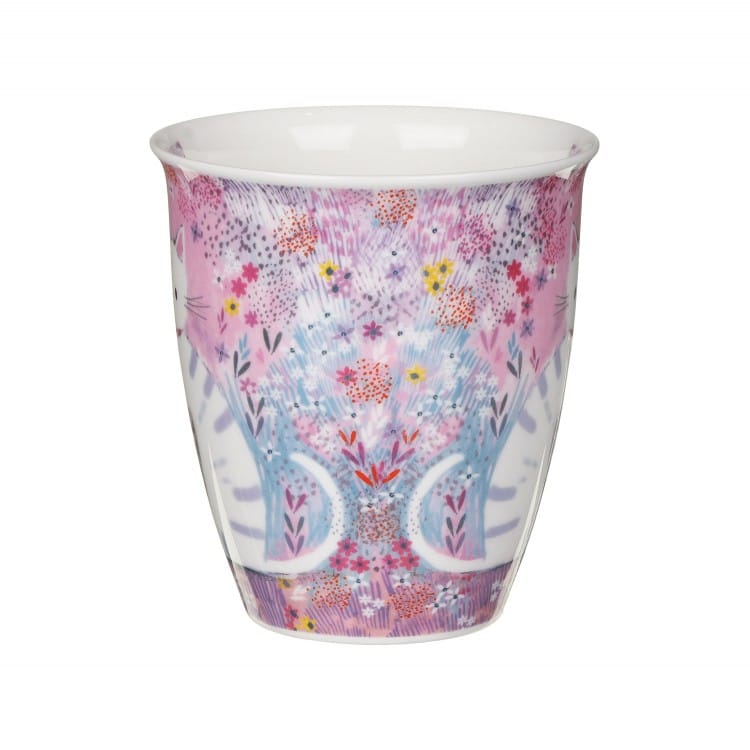 Reverse of Dunoon Tiddles Nevis Fine Bone China cat mug showing the colourful pink floral meadow design and decorative tabby cat tails