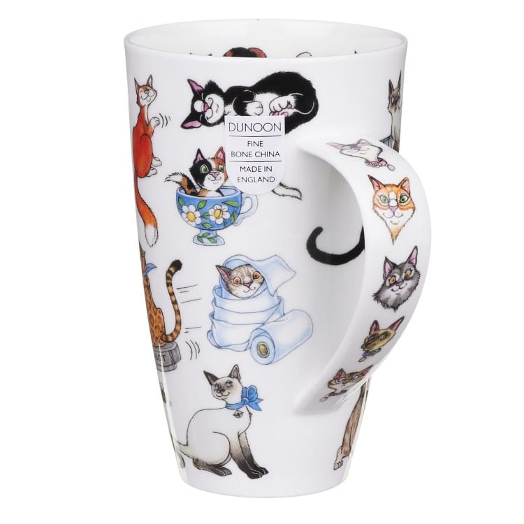 Dunoon Catastrophe 600ml Fine Bone China cat mug showing ginger, tabby, Siamese and black-and-white cats in humorous illustrated scenes