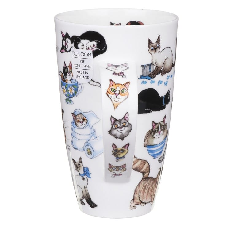 Dunoon Catastrophe Fine Bone China mug showing detailed cat artwork continuing around the mug and a row of colourful cat faces on the handle