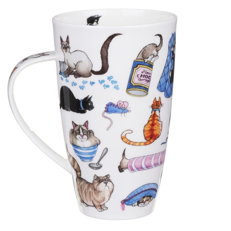Dunoon Catastrophe large cat mug showing mischievous cats playing with string, hiding in a tunnel and getting into feline trouble