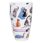 Dunoon Catastrophe Fine Bone China mug featuring funny cat illustrations including cats climbing curtains, playing and hiding in tunnels