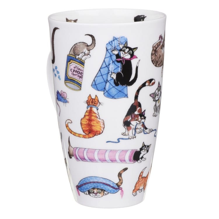 Dunoon Catastrophe Fine Bone China mug featuring funny cat illustrations including cats climbing curtains, playing and hiding in tunnels