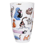 Dunoon Catastrophe 600ml Fine Bone China mug showing assorted playful cats with blue paw prints and colourful feline illustrations