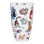 Side view of Dunoon Catastrophe Henley Fine Bone China mug featuring playful illustrated cats including a tabby on a robot vacuum