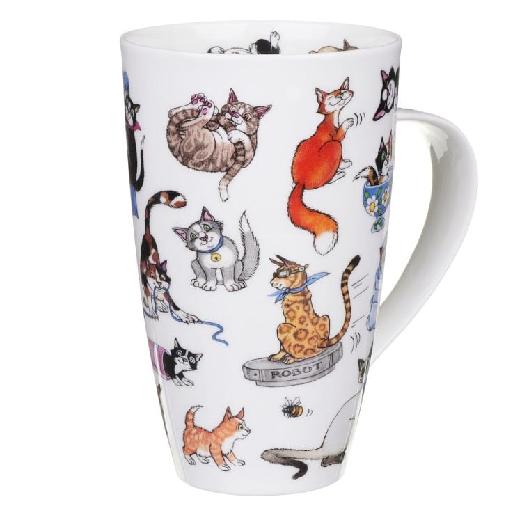 Dunoon Catastrophe large cat mug showing mischievous cats playing with string, hiding in a tunnel and getting into feline trouble