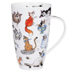 Reverse of Dunoon Catastrophe Henley cat mug featuring assorted feline characters and coordinating illustrated cat faces on the handle