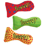 Three colourful Yeowww! Stinky Sardine catnip toys filled with organic American catnip
