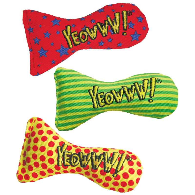 Three colourful Yeowww! Stinky Sardine catnip toys filled with organic American catnip
