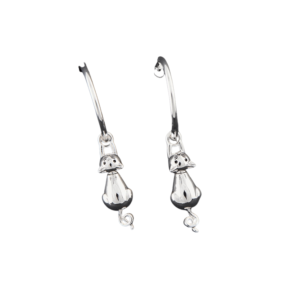 Equilibrium silver plated hanging cat earrings with cute faces and tiny curled tails