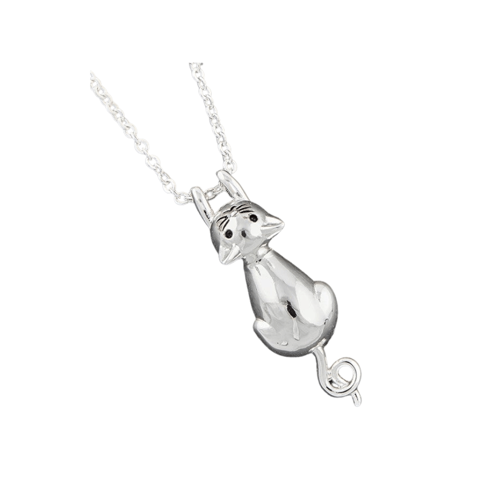 Equilibrium silver plated hanging cat necklace with cute face, front paws and curled tail