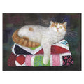 Kim Haskins Dotty on Quilts cat greetings card featuring a fluffy white and ginger cat lounging on a colourful pile of patterned patchwork quilts.