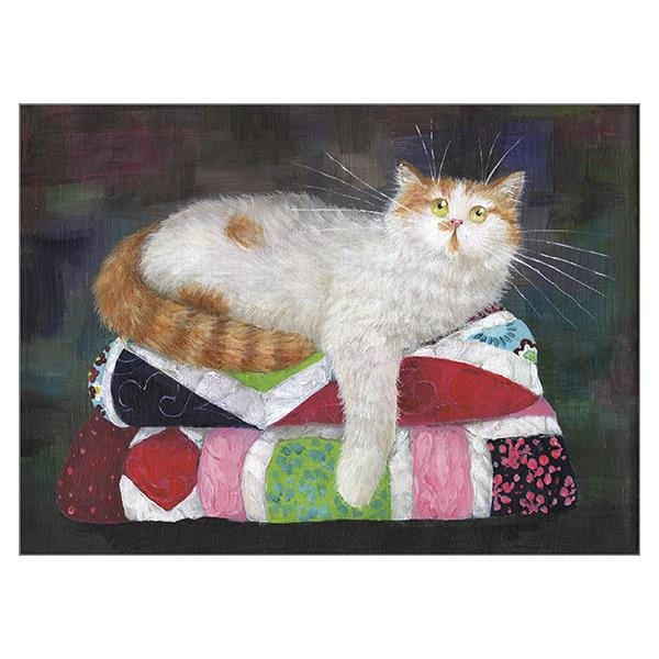 Kim Haskins Dotty on Quilts cat greetings card featuring a fluffy white and ginger cat lounging on a colourful pile of patterned patchwork quilts.